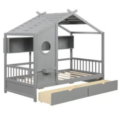 Tangkula Twin Size House Bed Kids Bed Frame W/ 2 Storage Drawers & Fence Guardrails -Beauty house GUEST b32455ab 5665 432d 92f9 b14a60d907db