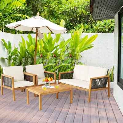 Tangkula 8PCS Patio Acacia Wood Furniture Set PE Rattan Conversation Set W/ Off White Cushions 5 Tangkula 8PCS Patio Acacia Wood Furniture Set PE Rattan Conversation Set W/ Off White Cushions - Image 3