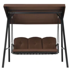 Tangkula 3-Person Patio Swing Seat Outdoor Porch Swing All Weather Hammock W/Adjustable Canopy & Cushions Brown/Gray -Beauty house GUEST b6692377 9b6b 4723 bbb1 6d9f37c5655b