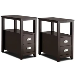 Tangkula 2-Piece Retro Side End Table Rectangular Nightstand With 2 Drawers & Shelf Coffee/Brown -Beauty house GUEST b6f8421f fa4d 4d23 a660 f04706d6f63e
