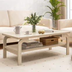 Tangkula 47" Rectangular Coffee Table W/ Storage Shelf & Curved Legs For Living Room