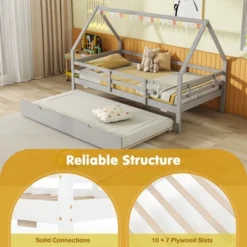 Tangkula Twin Size House Bed W/ Trundle Wooden Kids Bed W/ Safety Rails & Decorable Roof -Beauty house GUEST b7e3f11e 7c54 4a8f 8d81 6dd8933e36ce