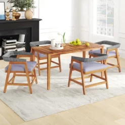 Tangkula 5PCS Patio Dining Set Solid Wood Furniture W/ Rattan Backrest & Seat Cushions -Beauty house GUEST b7f89a66 b233 4a41 ab50 b822e5721155