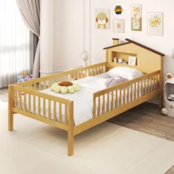 Tangkula Twin Size Kids Bed Solid Wood Platform Bed W/ Under-bed Storage & Storage Cube -Beauty house GUEST b9196b8a c8b6 4504 9f0e ca9a8f8ab801