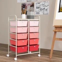 Tangkula 10-Drawer Rolling Storage Cart Tools Scrapbook Paper Organizer On Wheels Pink Gradient -Beauty house GUEST b9722f19 5425 46f5 9a56 fa95e941405a
