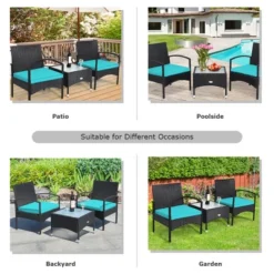 Tangkula 3 PCS Patio Wicker Rattan Furniture Set Coffee Table & 2 Rattan Chair W/ Cushion Turquoise -Beauty house GUEST b97742d4 747f 4d02 b12a c9a376fc350f