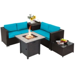 Tangkula 5-Piece Patio Furniture Set With 30 Inches Gas Fire Pit Table Outdoor PE Wicker Sectional Sofa Set With Cushions Red/Beige/Navy/Turquoise -Beauty house GUEST b9c89ecc 7f21 44f9 94f8 b4bcdf18eccd