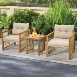 Tangkula 3PCS Patio Acacia Wood PE Wicker Furniture Set W/ Soft Seat & Back Cushions -Beauty house GUEST ba1818f3 d330 4275 9c7f 48b1f852c359