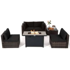 Tangkula 6 Pieces Outdoor PE Rattan Wicker Sectional Sofa With 42" 60,000 BTU Gas Fire Pit Table, Patio Conversation Set With Tempered Glass Coffee Table Black/Navy Blue/Red/Turquoise/Off White -Beauty house GUEST bbbd4dfa 6c38 46e3 821c ca31d0319d02