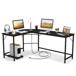 Tangkula L-Shaped Desk With Power Outlet 66” Computer Corner Desk With CPU Stand & Heavy-duty Metal Frame Rustic Brown/Black -Beauty house GUEST bbc97cf7 ebe1 4efe bfe1 4070e04ee2e0