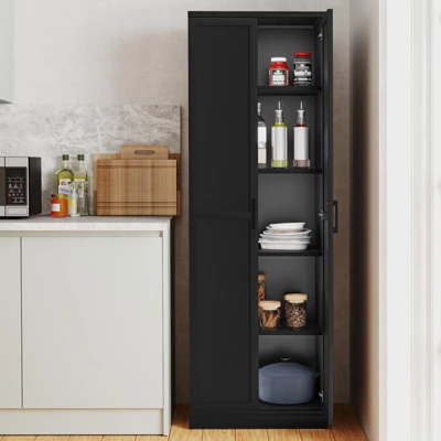 Tangkula 70" Storage Cabinet Freestanding Pantry Cabinet W/2 Doors & 5 Shelves Black 3 Tangkula 70" Storage Cabinet Freestanding Pantry Cabinet W/2 Doors & 5 Shelves Black