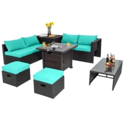 Tangkula 9PCS Furniture Set W/ 32" Fire Pit Table 50,000 BTU Square Propane Fire Pit Patio Turquoise -Beauty house GUEST bc4962f0 86f4 4ed8 852b fad231227248