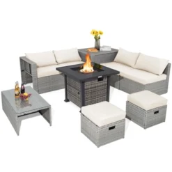 Tangkula 9 Pieces Outdoor Patio Furniture Set W/ 32" Propane Fire Pit Table Sectional Sofa Set W/ Storage Box Black/Gray/Navy/Red/Turquoise/Off White -Beauty house GUEST bd3a3df4 36b4 4208 8980 929f4fa73a59