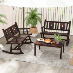 Tangkula 2PCS Carbonized Wood Rocking Bench Double Rocking Chair For 2 Persons W/ Wide Curved Seat