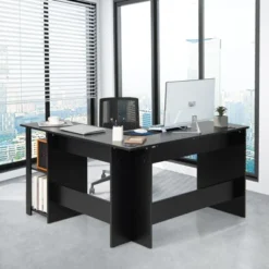 Tangkula L-Shaped Office Computer Desk W/ Spacious Desktop & 2-Tier Open Shelves Black -Beauty house GUEST be2e929a 1e04 4338 8e20 27b14f4cd9a5