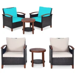Tangkula 3PCS Patio Wicker Sofa Set Acacia Wood Frame W/ Cushion Covers Beige & Turquoise -Beauty house GUEST be84c2d2 7fdd 4086 b43d 4235fb49fe4c