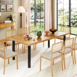 Tangkula Acacia Wood Dining Table For 8 People, 79" Large Rectangular Patio Table With Built-in Umbrella Hole