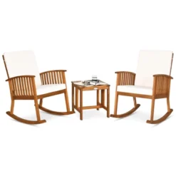 Tangkula 3 PCS Acacia Wood Rocking Bistro Set Outdoor Furniture Front Porch Rocker Chairs Conversation Set With Coffee Table And Cushions -Beauty house GUEST bf1f12cd 8948 46fe bea5 867bdff5dd75