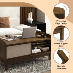 Tangkula Rectangular Coffee Table W/ Storage Weaving Sliding Door & Adjustable Shelf -Beauty house GUEST bfd1c985 d61a 4cf4 948a 2eee8dee10ed