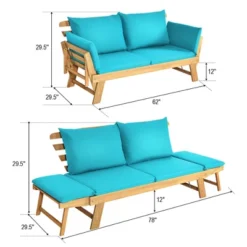 Tangkula Adjustable Patio Sofa Daybed Acacia Wood Furniture W/ Navy & Turquoise Sets Cushion -Beauty house GUEST c0466ba6 aa0d 453f 87c1 50d92009377a