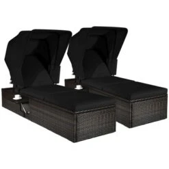 Tangkula Set Of 2 Rattan Patio Chaise Lounge Chair W/ Adjustable Canopy Black Cushion -Beauty house GUEST c0b8af4f 0f23 496c 9d20 a21256545ba2