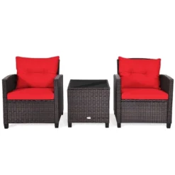 Tangkula 3PCS Wicker Cushioned Conversation Set Outdoor Rattan Furniture W/Beige/Red/Black/Navy/Off White/Turquoise Cushions -Beauty house GUEST c12a0f55 0ddb 49b8 a32a e235e63c4683