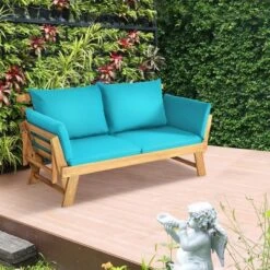 Tangkula Adjustable Patio Sofa Daybed Acacia Wood Furniture W/ Navy & Turquoise Sets Cushion -Beauty house GUEST c13da35b fda5 43fd 9a50 5418ef1075b4