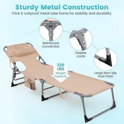 Tangkula 2PCS Beach Lounge Chair Reclining Chair With 5 Adjustable Positions Detachable Pillow &Hand Ropes Blue/Black/Gray/Turquoise/Beige/Pink 5 Tangkula 2PCS Beach Lounge Chair Reclining Chair With 5 Adjustable Positions Detachable Pillow &Hand Ropes Blue/Black/Gray/Turquoise/Beige/Pink - Image 3
