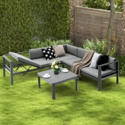 Tangkula 3PCS Patio Furniture Set Aluminum Lounge Adjust Back Recliner Sofa Table Cushion