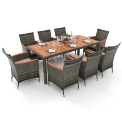 Tangkula 9PCS Patio Rattan Furniture Dining Set Acacia Wood Table Cushioned Chair For Outdoor -Beauty house GUEST c387a4bd 1faa 40eb a10e 359d1547445f
