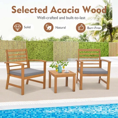 Tangkula 3PCS Furniture Set Acacia Wood Conversation Set W/ Soft Seat Cushions Outdoor Gray 3 Tangkula 3PCS Furniture Set Acacia Wood Conversation Set W/ Soft Seat Cushions Outdoor Gray