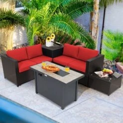 Tangkula 5PCS Patio Rattan Furniture Set Fire Pit Table W/ Cover Storage Cushion -Beauty house GUEST c4363955 150a 40cc 9f96 80f06e1070c7