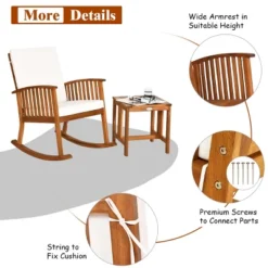Tangkula 3 PCS Acacia Wood Rocking Bistro Set Outdoor Furniture Front Porch Rocker Chairs Conversation Set With Coffee Table And Cushions