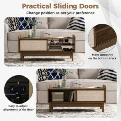 Tangkula Rectangular Coffee Table W/ Storage Weaving Sliding Door & Adjustable Shelf -Beauty house GUEST c6170d7c 01d8 4183 9d19 886b2a7ef086