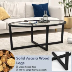 Tangkula Modern Glass Coffee Table W/ Cross Base & Acacia Wood Legs For Small Spaces -Beauty house GUEST c6597727 5f49 4e20 9aa4 d6b436e7264f