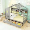 Tangkula Twin Size House Bed Kids Bed Frame W/ 2 Storage Drawers & Fence Guardrails