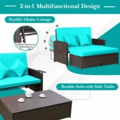 Tangkula Rattan Loveseat Set Daybed Lounge Storage Ottoman Side Tables Adjust Patio