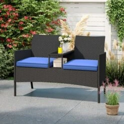 Tangkula Outdoor Rattan Loveseat 2-Seat Patio Conversation Set With Built-in Coffee Table Cushions Wicker Bench Furniture Blue -Beauty house GUEST c789322f d7b2 48c3 ae37 bf70d64b3ac9