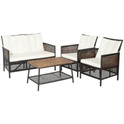 Tangkula 4PCS Cushioned Patio PE Wicker Conversation Furniture Set W/ Acacia Wood Tabletop -Beauty house GUEST c88394c0 febe 4d3c bb0c 64f0765d0ac0 1