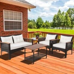 Tangkula 4PCS Rattan Patio Furniture Set Acacia Wood Outdoor Conversation Set W/ Cushions