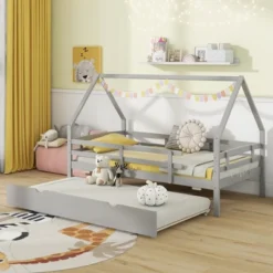 Tangkula Twin Size House Bed W/ Trundle Wooden Kids Bed W/ Safety Rails & Decorable Roof -Beauty house GUEST c93747f6 ac10 4fbd 9297 73ccddf3ab64