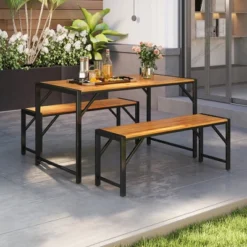 Tangkula 3 PCS Patio Dining Set For 6 People 53" Acacia Wood Picnic Table & 2 Benches
