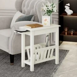 Tangkula Side Table End Table Nightstand W/ Bottom Storage Shelf & Rubber Wood Legs White