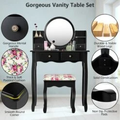 Tangkula Vanity Table Set W/Detachable Mirror & Stool Black/White -Beauty house GUEST ca259dfa 710c 4d46 bcea 45d6b93d2e4e