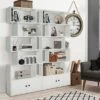 Tangkula 2PCS 6-tier Geometric Bookcase S-shaped Z-shelf Bookshelf Cabinet W/ Doors White