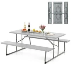 Tangkula Folding Picnic Table W/ 2 Benches 6 FT Camping Table Set W/ All-Weather HDPE Tabletop Grey -Beauty house GUEST cbf579ac a874 4a44 bead 1201a5ae8a9e