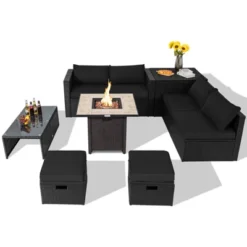 Tangkula 9 Pieces Outdoor PE Rattan Wicker Sectional Sofa With 42" Gas Fire Pit Table Space-Saving Patio Conversation Set With Storage Box Black/Grey/Navy/Red/Turquoise/Off White -Beauty house GUEST cd14617e 801a 49f3 8811 67de8bb143e3
