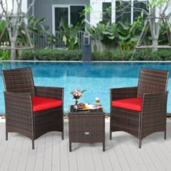 Tangkula 3 Pieces Patio Rattan Conversation Furniture Wicker Chairs With Coffee Table & Cushions Red/Blue/White