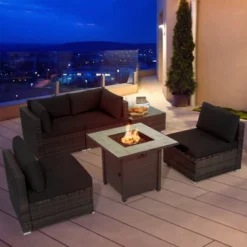 Tangkula 6 PCS Patio Wicker Furniture Set With 30" Gas Fire Pit Table 50,000 BTU Black/Red/Turquoise/Navy/White Cushions