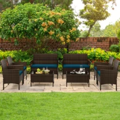 Tangkula Set Of 8 Furniture Set W/ Washable Cushions & Tempered Glass Coffee Table